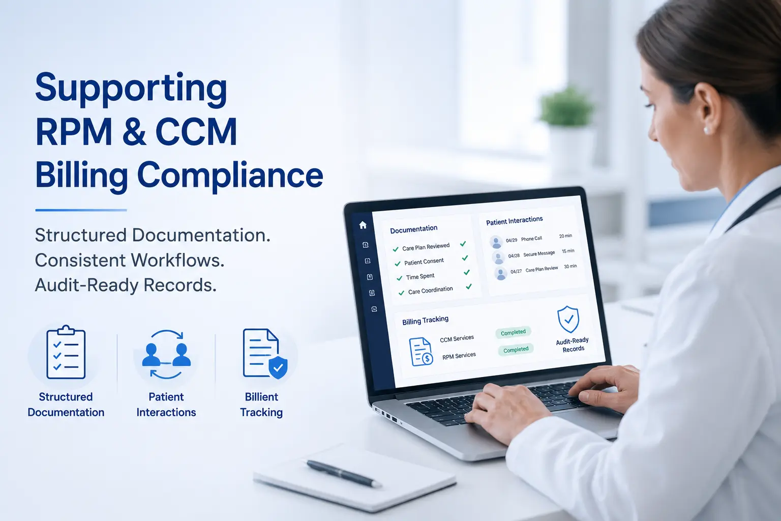HumHealth RPM and CCM billing compliance dashboard featuring structured documentation, patient interactions, billing tracking, and audit-ready records.