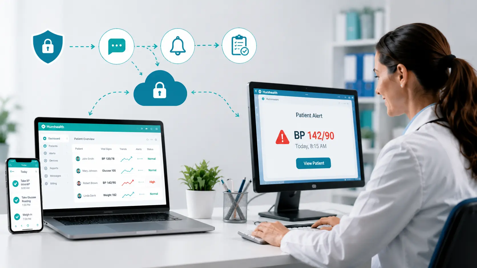 HumHealth Remote Patient Monitoring platform with connected medical devices, clinician dashboard, patient alerts, and automated workflow for small and medium-sized clinics.
