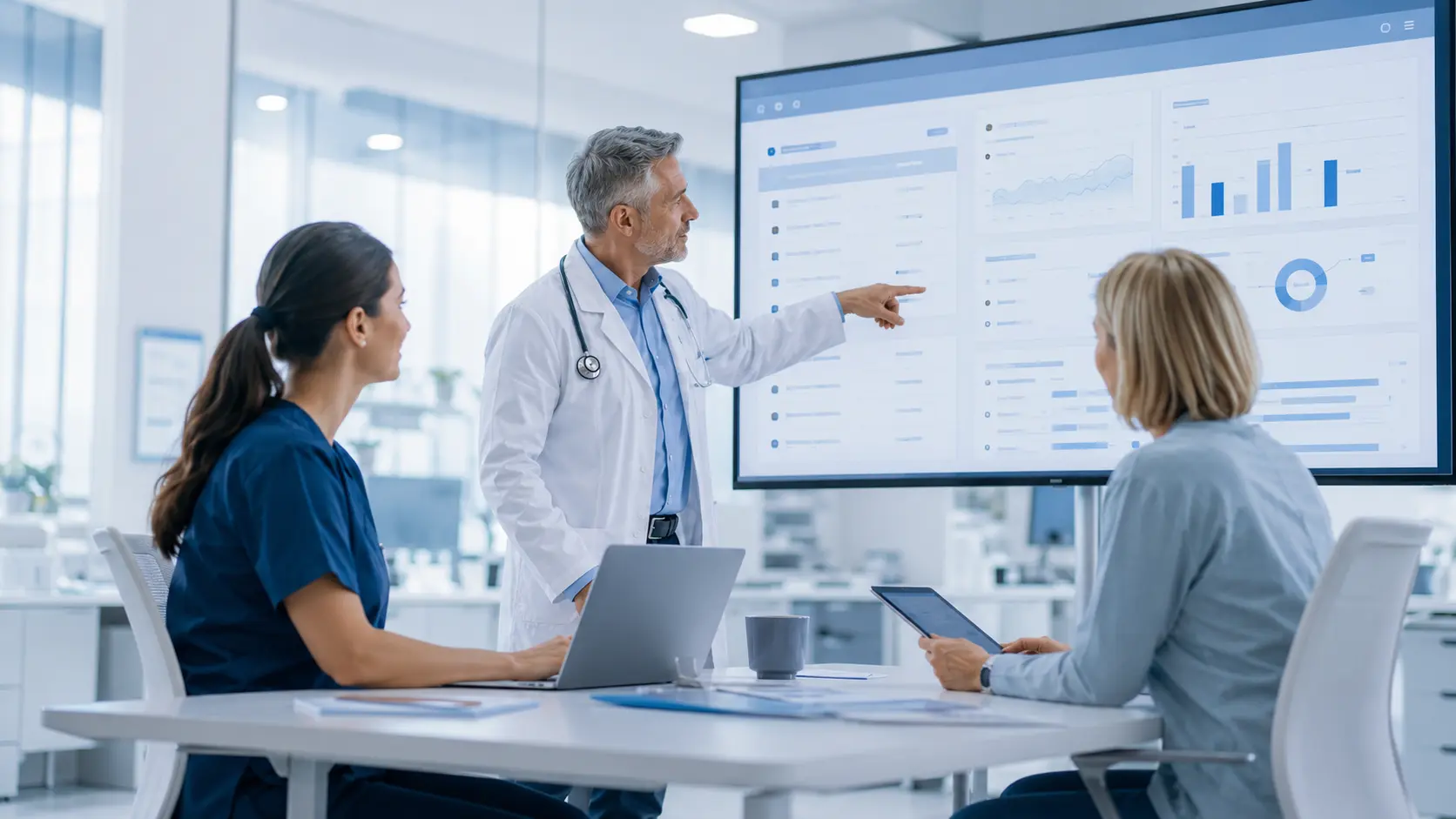 Healthcare team reviewing centralized patient data on a digital dashboard to coordinate chronic care management and remote patient monitoring.
