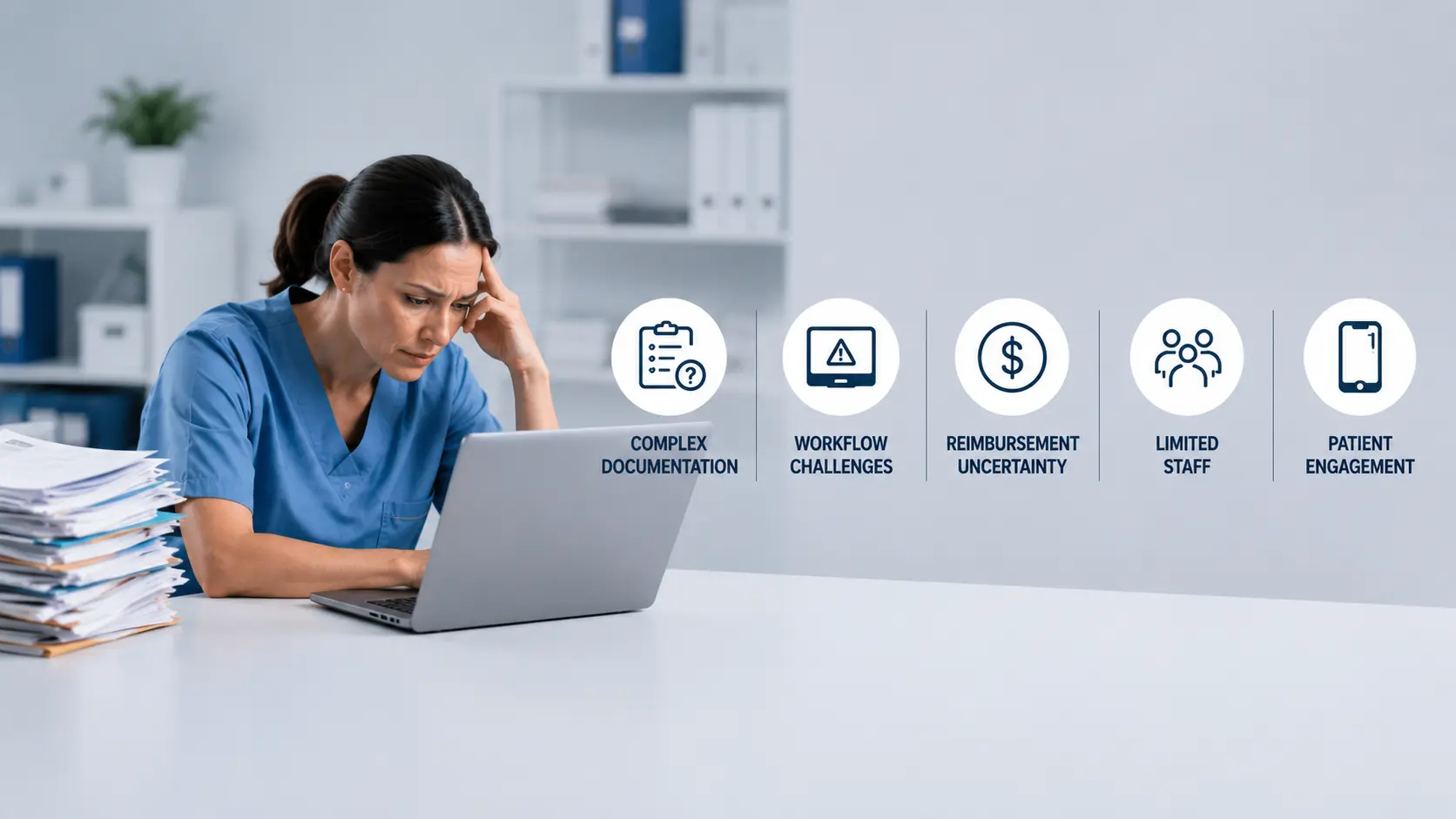 Healthcare professional managing Remote Patient Monitoring challenges including documentation, workflow, staffing, reimbursement, and patient engagement in a small clinic.