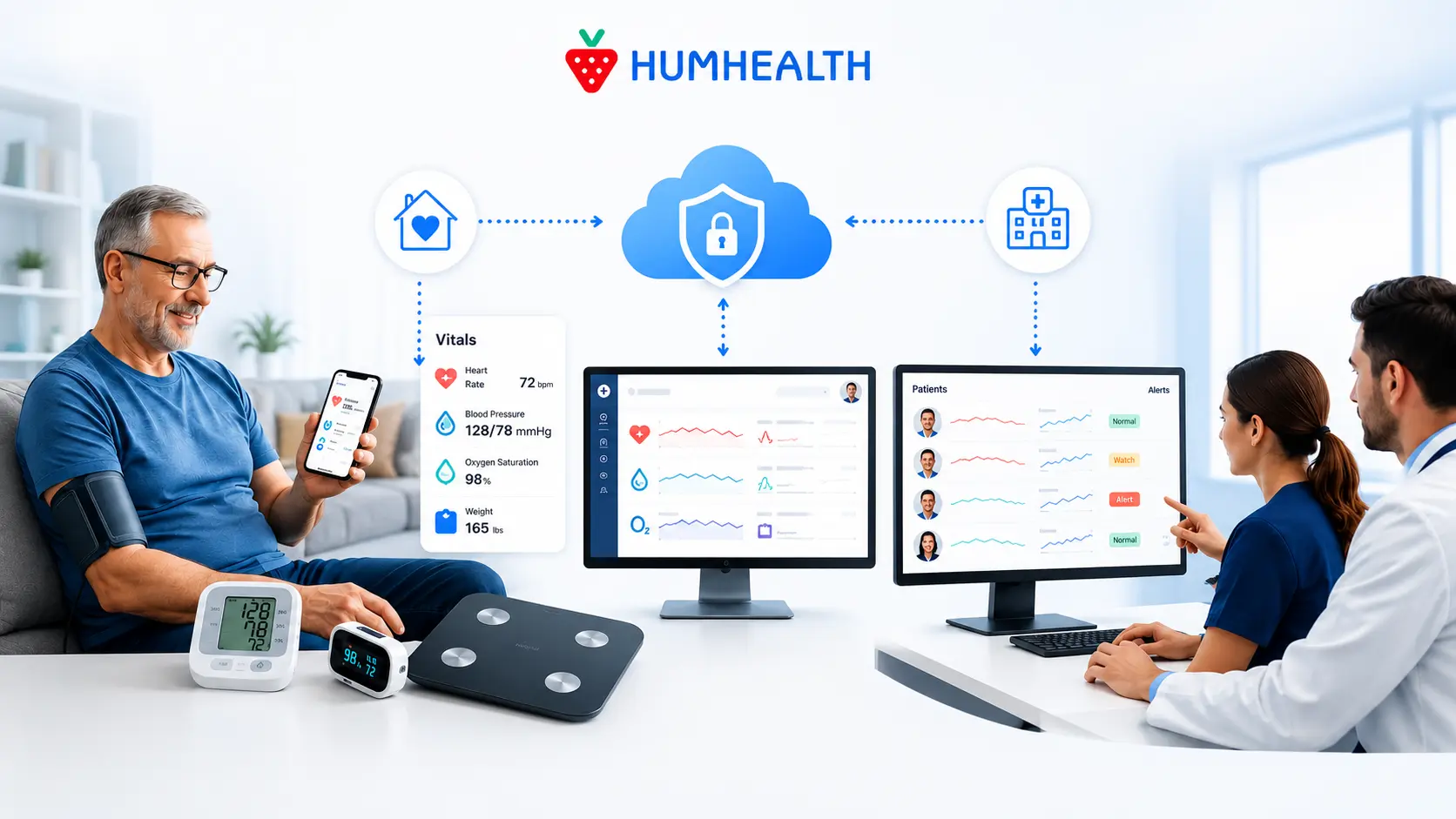 HumHealth Remote Patient Monitoring platform helping small and medium-sized clinics monitor patients remotely using connected medical devices and clinician dashboards.