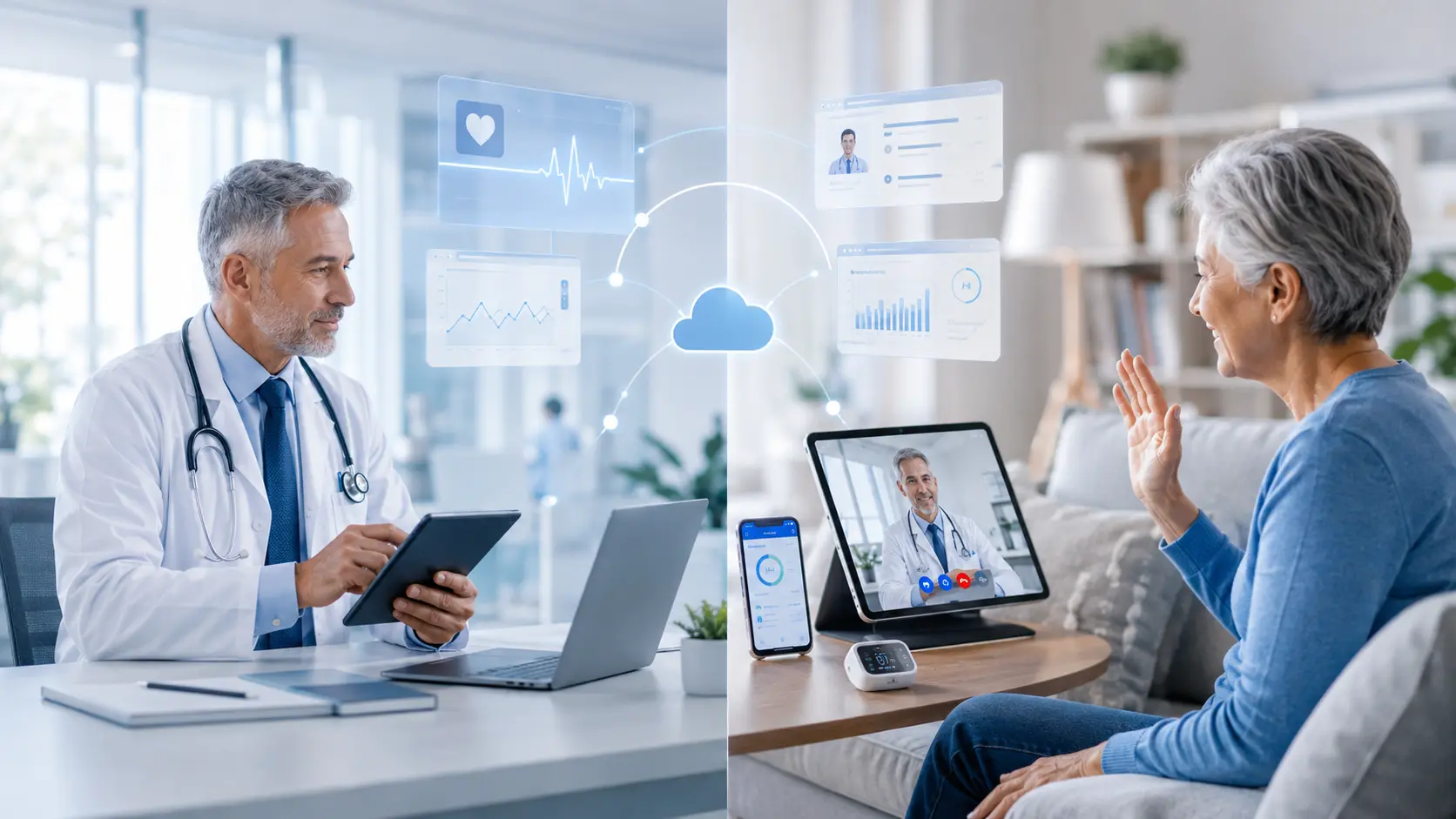 Physician providing a virtual consultation to an older patient at home using connected health devices and real-time remote monitoring.