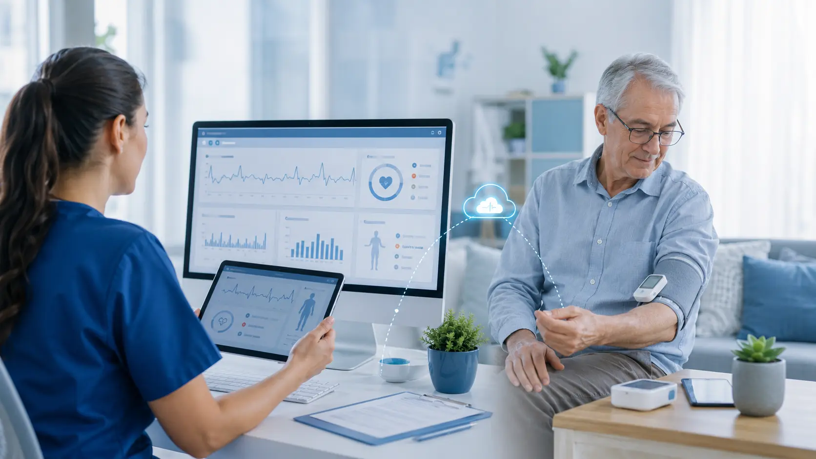 Nurse reviewing remotely transmitted blood pressure readings from an older patient for continuous monitoring and early clinical intervention.