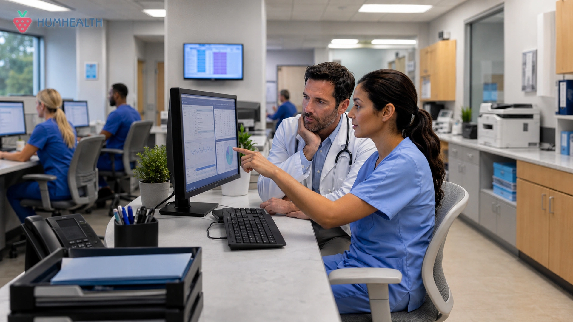 Healthcare professionals using HumHealth care management software to analyze health data, coordinate workflows, and improve quality of patient care delivery.