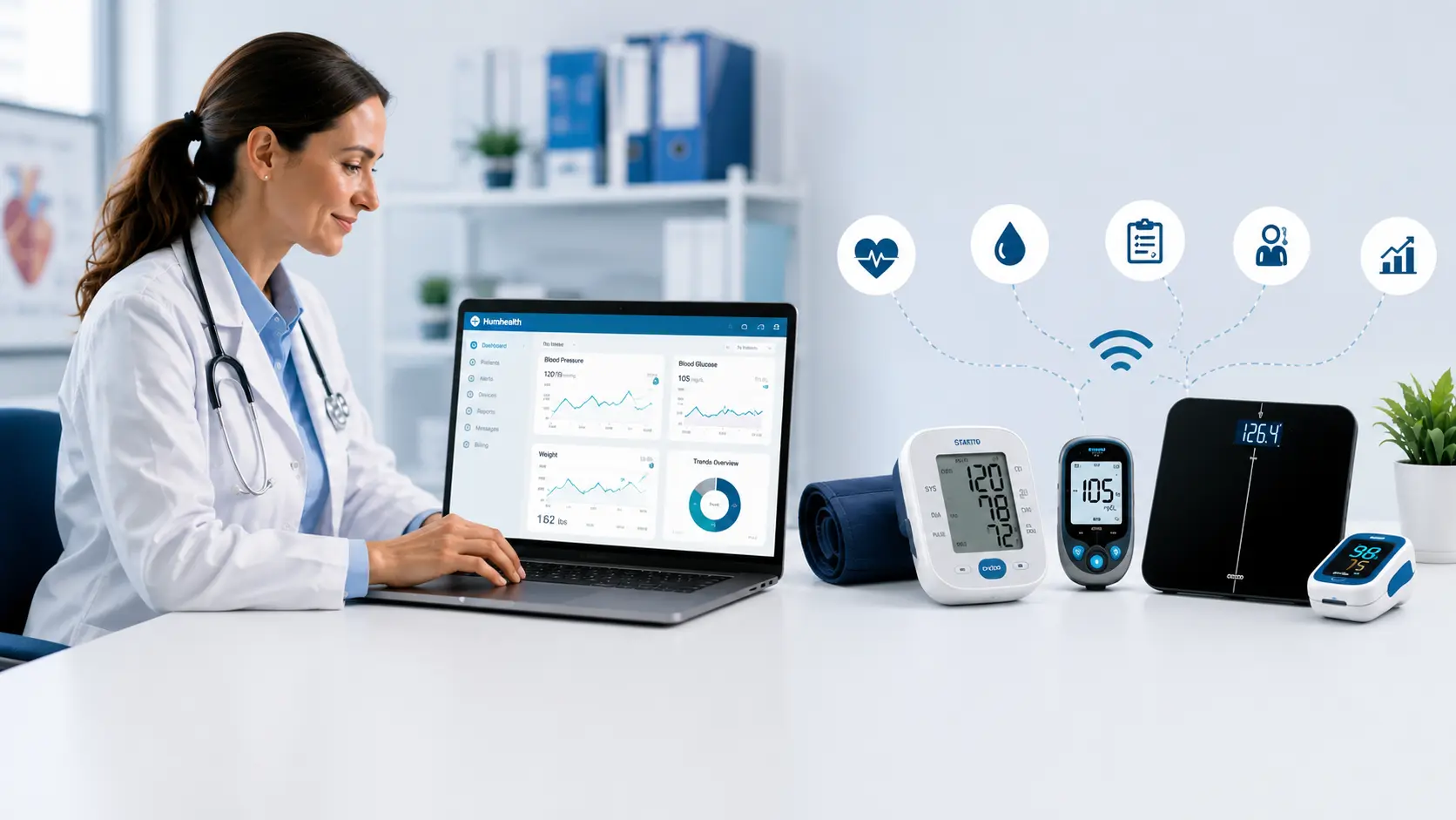 Doctor using Remote Patient Monitoring dashboard with connected medical devices to improve chronic disease management for small and medium-sized clinics.