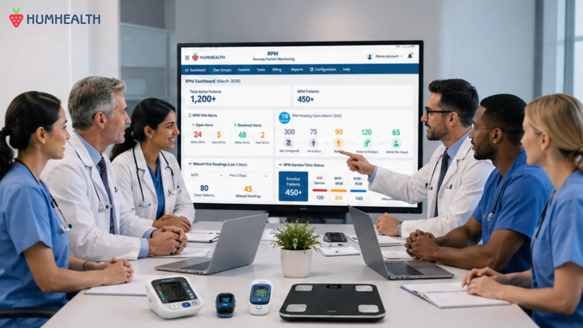 Healthcare team reviewing the HumHealth CCM and RPM dashboard while planning a Chronic Care Management and Remote Patient Monitoring program implementation. | HumHealth
